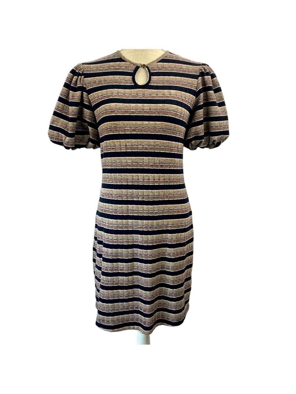 Ebba Dress Lightweight Knit Puffy Short Sleeves 
Striped Keyhole neckline
